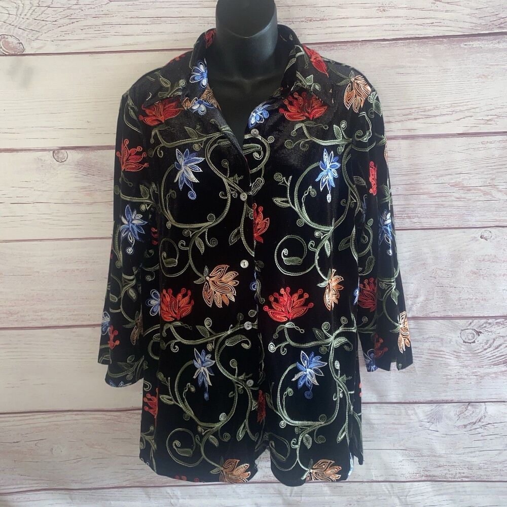 Alfred Dunner Womens S Black Velvet Floral Embroidered Jacket Button Front B28